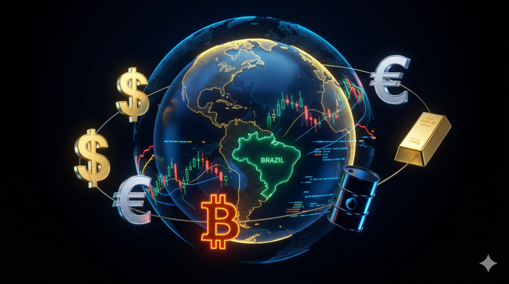 Globo terrestre com gráficos de cotação simbolizando o preço do Bitcoin hoje frente ao dólar e impacto do Payroll.